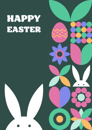 Easter bunny, egg and flower background. Geometric greeting card with cartoon elements. Vector illustrationのイラスト素材