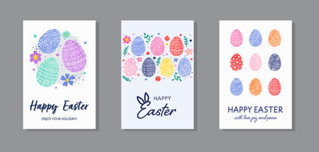 Easter greeting cards collection. Background with painted eggs and flowers. Vector illustrationのイラスト素材