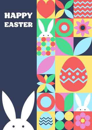 Geometric East greeting card with bunny, egg and flower. Abstract pattern design. Vector illustrationのイラスト素材
