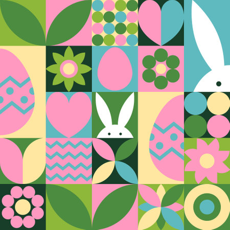 Geometric East background with bunny, egg and flower. Abstract pattern design. Vector illustrationのイラスト素材