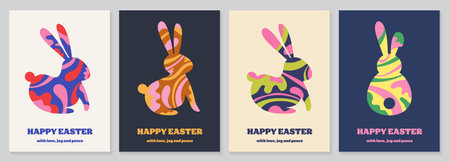 Set of abstract Easter greeting cards with colorful bunny in modern style. Vector illustrationのイラスト素材