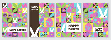 Set of geometric Easter greeting card. Abstract background with bunny, egg and flower. Vector illustrationのイラスト素材