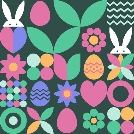Geometric East background with bunny, egg and flower. Abstract pattern design. Vector illustrationのイラスト素材