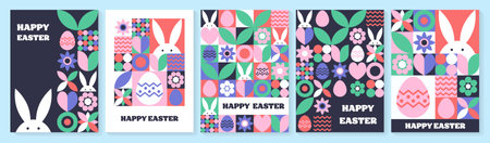 Set of geometric Easter greeting card. Abstract background with bunny, egg and flower. Vector illustrationのイラスト素材