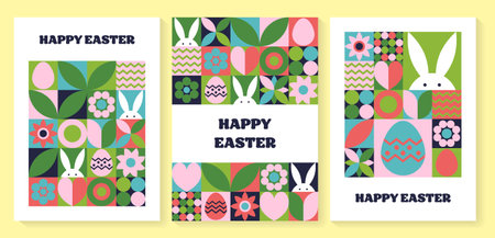 Easter bunny, egg and flower background. Collection of geometric greeting cards with cartoon elements. Vector illustrationのイラスト素材