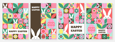 Easter bunny, egg and flower background. Collection of geometric greeting cards with cartoon elements. Vector illustrationのイラスト素材