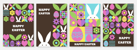 Easter bunny, egg and flower background. Collection of geometric greeting cards with cartoon elements. Vector illustrationのイラスト素材