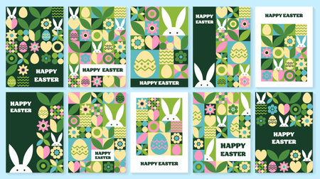 Set of geometric Easter greeting card. Abstract background with bunny, egg and flower. Vector illustrationのイラスト素材