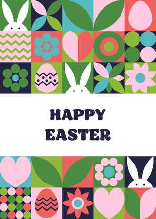 Easter bunny, egg and flower background. Geometric greeting card with cartoon elements. Vector illustrationのイラスト素材