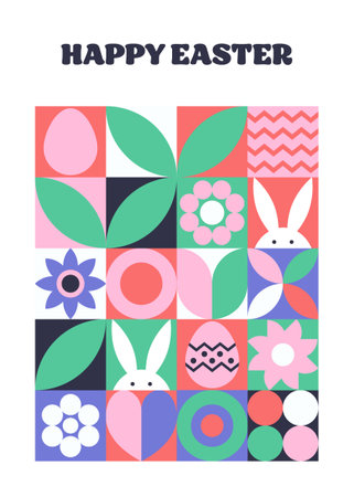 Geometric Easter greeting card. Abstract background with bunny, egg and flower. Vector illustrationのイラスト素材