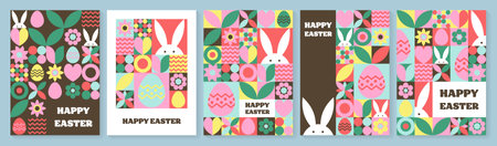 Set of geometric Easter greeting card. Abstract background with bunny, egg and flower. Vector illustrationのイラスト素材
