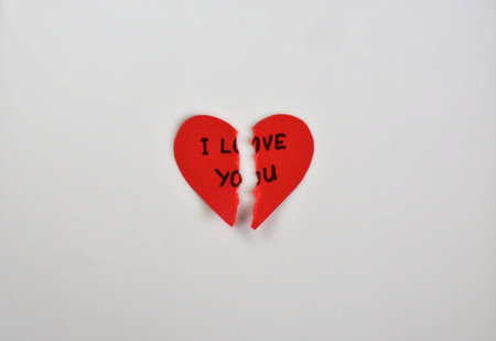 Message text I love you on scratched ruined red heart shape card for valentines day on white background. Broken Valentines day card with words I love you.の写真素材