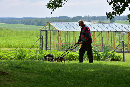 Pensioner person mowing green lawn with an old gasoline push mower. Summer outdoor garden work,...