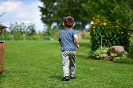 Little boy seen from behind in striped shirt walks on green countryside grass under blue sky. Peaceful rural childhood and freedom in nature.の写真素材