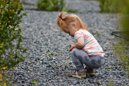 Cute toddler girl with red hair and pigtails crouching on gravel path, exploring stones. Child enjoying nature, curiosity, and carefree outdoor play during childhood.の写真素材