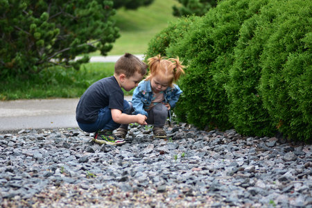 Little boy and red-haired toddler girl crouching together, exploring gravel stones in park. Children learning, curiosity, friendship, happy outdoor play, and childhood discovery moments.の写真素材