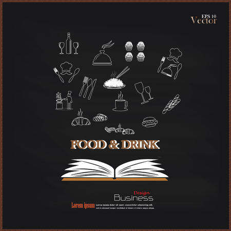 Opened book with food and drink icon on chalkboard.food and drink.vector illustration.のイラスト素材