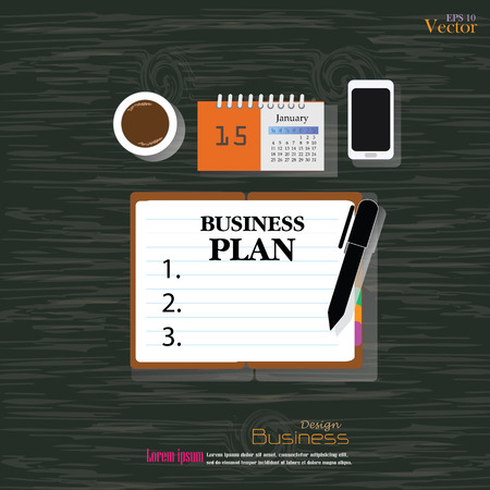 Business concept.Office desk top view with  plan word. Flat design style , office equipment, working tools and other business elements on wood background.vector illustration.のイラスト素材