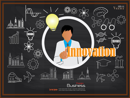 business man point to  Innovation with sketch icon on chalkboard.Innovation concept,innovation . vector illustration.のイラスト素材