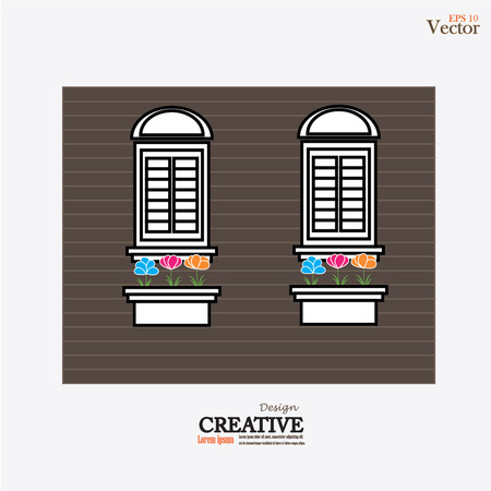 window designs with flower and view  on a wood wall background.vector illustration.のイラスト素材