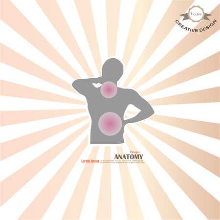 anatomy with pain point on sunburst background.man having pain at neck and back.vector illustration.のイラスト素材