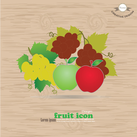 fruit icon.red   apple green apple and grape icon isolated on wood texture background. Vector illustrationのイラスト素材