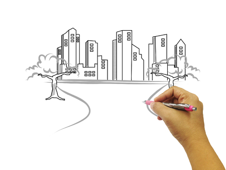 Hand drawing buildings isolated on white background.hand sketch building.の写真素材