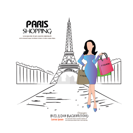 Woman with shopping bags on  Eiffel tower background.woman shopping in paris.vector illustration.のイラスト素材