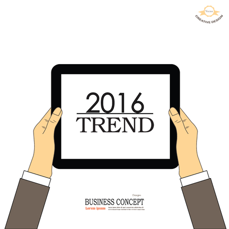 tablet screen with hands. Business man hold tablet with 2016 trend.Vector illustration.のイラスト素材