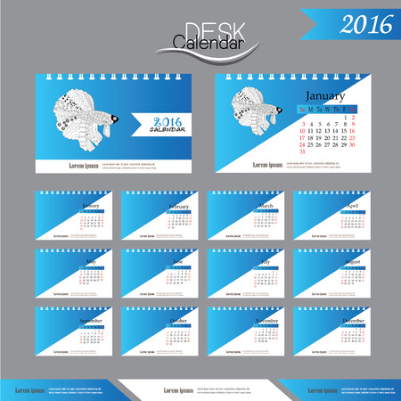 2016 calendar.Desk Calendar 2016. Vector Design Template with betta fish. vector illustrationのイラスト素材