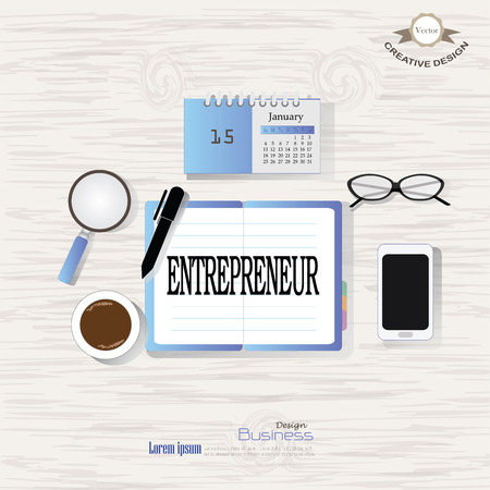 Business concept.Office desk top view with entrepreneur  word. Flat design style , office equipment, working tools and other business elements on wood background.vector illustration.のイラスト素材