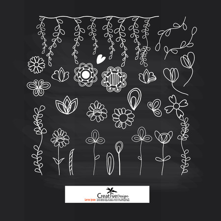 Set of flower doodles on chalkboard.flower doodle.vector illustration.のイラスト素材