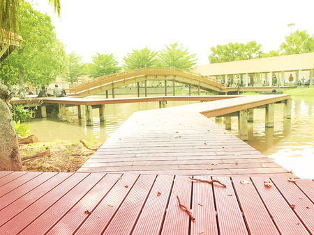 PATHUM THANI, THAILAND - MARCH 30 2017 ;people with tree and  bridge around the lake at Thammasat University Rangsitのeditorial素材