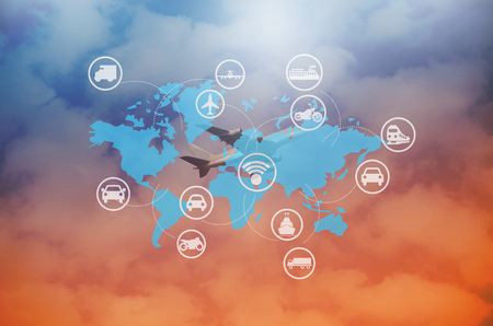 blur image of plane in sky with logistics wireless communication connection network.communication concept.の写真素材