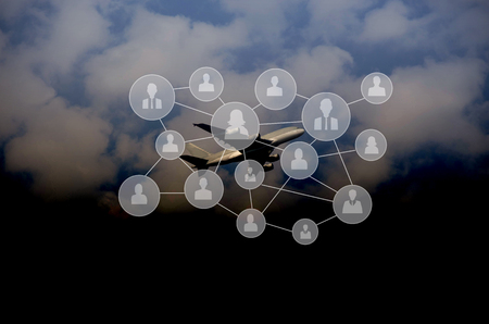 blur image of plane in sky with business man wireless communication connection network.communication concept.の写真素材