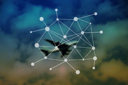blur image of plane in sky with   wireless communication connection network.communication concept.の写真素材