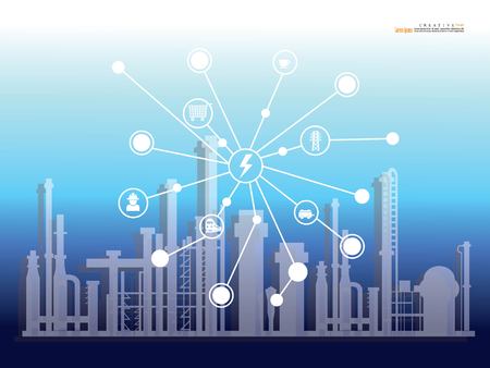 refineries and power plants with energy  network .Power factory concept. vector illustration.のイラスト素材