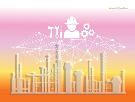 refineries and power plants with  engineering symbol .Power factory concept. vector illustration.のイラスト素材