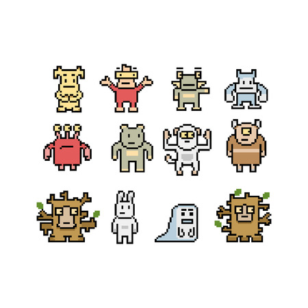 Pixel art monsters and animals collection, isolated on white background, vector illustrationのイラスト素材