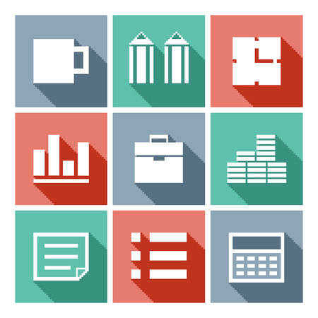 Pixel art business icons, flat vector collection with mug, pencil, watches, case, graphics, calculator, money and documentのイラスト素材