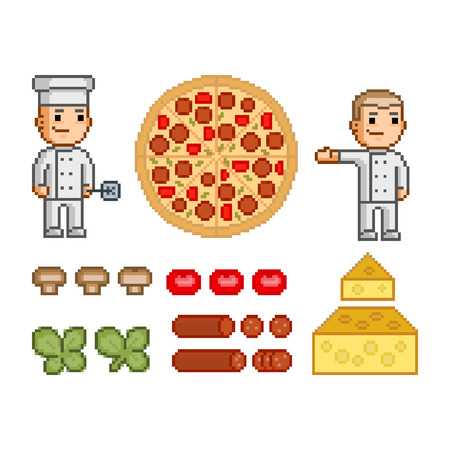 Pizza maker, pizza and ingredients for pizzaのイラスト素材