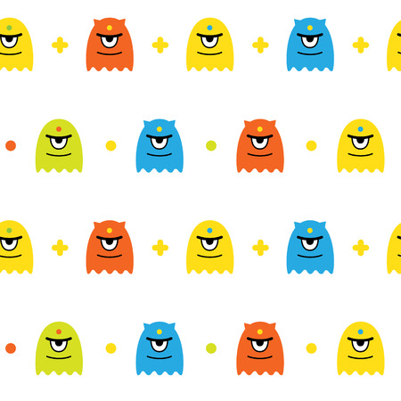 Vector background with cute colorful monsters and dots on whiteのイラスト素材