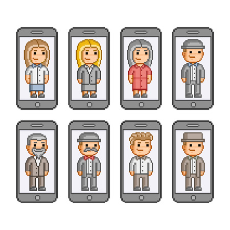 Pixel art collection smart phones and peopleのイラスト素材
