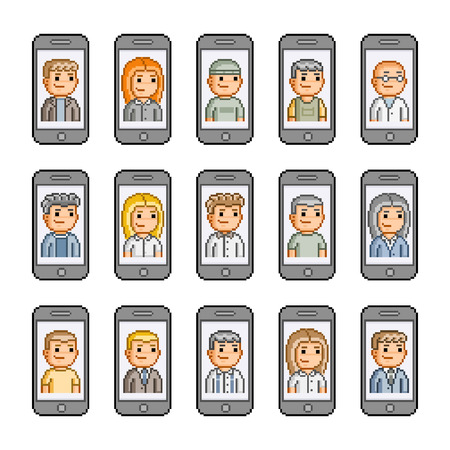 Pixel art collection smart phones and peopleのイラスト素材