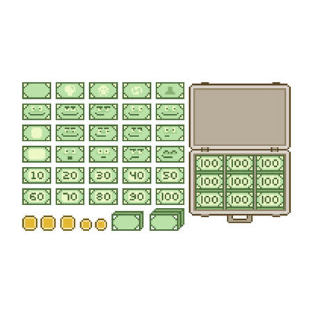 Pixel art collection of money. Coins and Banknotesのイラスト素材