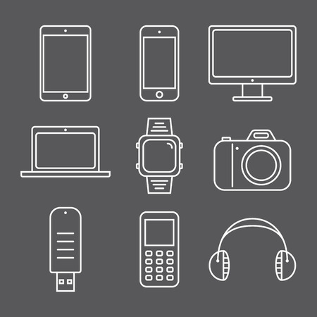 Set of pictures line gadgets. Smartphone, tablet and laptopのイラスト素材