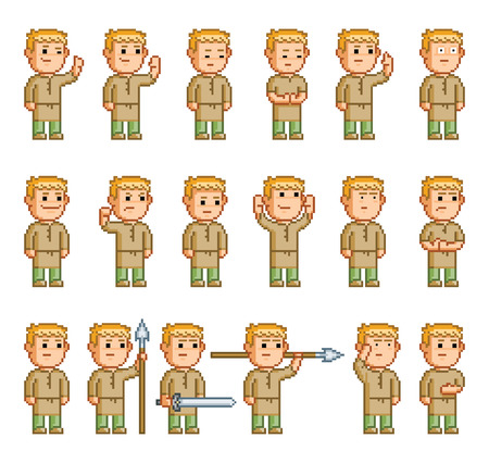 Pixel set of different emotions and actions heroのイラスト素材