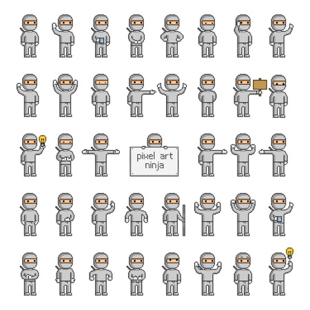 Pixel art funny black ninja set for gamesのイラスト素材