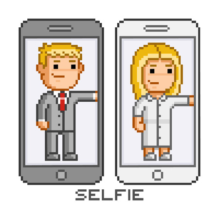 Pixel art phone and selfie for business and design