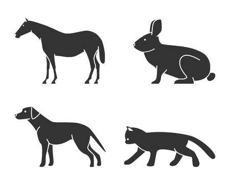 Silhouettes of figures animals set. Vector cat, dog, rabbit and horseのイラスト素材